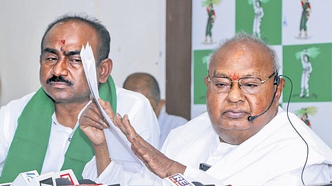JDS patriarch H D Deve Gowda speaks on the Bidadi Township Project during a press conference in Bengaluru on Saturday