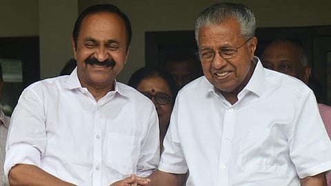 Chief Minister-designate VD Satheesan with Caretaker Chief Minister Pinarayi Vijayan at his residence near Bakery Junction in Thiruvananthapuram on Friday.