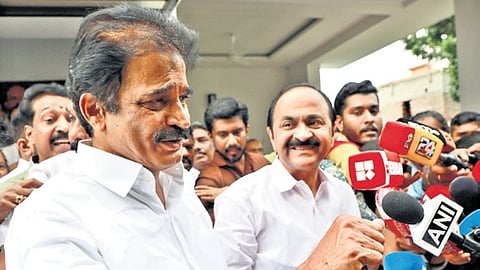 CM-designate V D Satheesan and K C Venugopal interact with mediapersons outside Venugopal’s residence in Thiruvananthapuram on Saturday