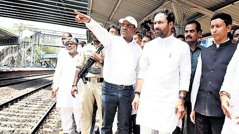 Minister G Kishan Reddy, along with officials, at the Malakpet Railway Station.
