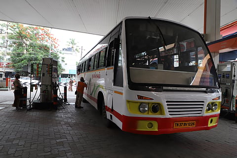 Diesel being filled into a private town bus at Ramanathapuram in Coimbatore on Friday.