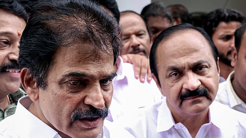 Kerala Chief Minister-designate VD Satheesan, right, with Congress MP KC Venugopal speaks to the media, in Thiruvananthapuram, Kerala, Saturday, May 16, 2026.