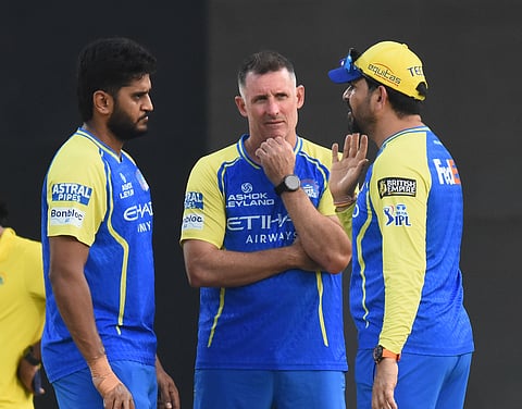 Chennai Super Kings' batter Urvil Patel (L) with Michael Hussey during nets on Sunday