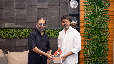 Actor-turned politician Kamal Haasan meets Chief Minister Joseph Vijay at the TVK headquarters.