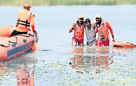 SDRF members conduct a mock drill in Nirmal district on Monday
