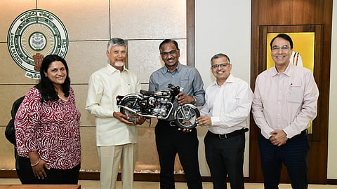 B. Govindarajan, Managing Director - Eicher Motors Ltd., and Chief Executive Officer - Royal Enfield, with CM Chandrababu Naidu.