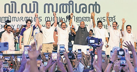 Wayanad MP Priyanka Gandhi Vadra, Leader of Opposition in the Lok Sabha Rahul Gandhi, Chief Minister V D Satheesan, AICC president Mallikarjun Kharge, general secretary K C Venugopal and ministers Sunny Joseph and Ramesh Chennithala greet party workers after the swearing-in ceremony at Central Stadium on Monday.