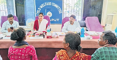 The siblings with their parents at the CWC office in Koraput on Monday