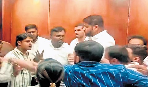 A videograb shows the scuffle between members at the Karnataka Pradesh Congress Committee office in Bengaluru on Monday.