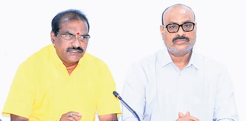 Water Resources Minister Nimmala Ramanaidu and Agriculture Minister Kinjarapu Atchannaidu during a coordination meeting at the Secretariat on Monday.