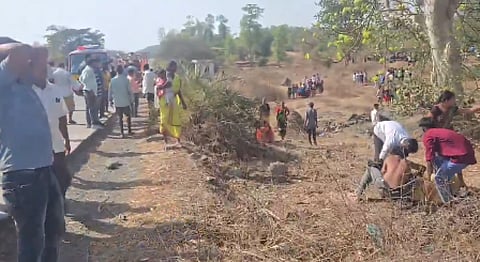 The site of the accident where a tempo carrying guests to an engagement ceremony collided with a speeding container truck.