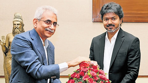 Chief Minister C Joseph Vijay with Ramco Group’s founder-chairman
P R Venketrama Raja at the secretariat on Monday