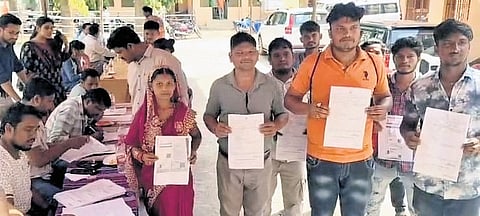 Members of the affected families at the grievance cell meeting on Monday