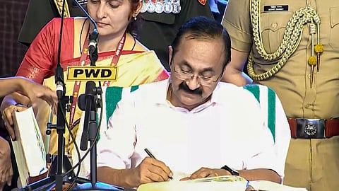 Newly sworn-in Kerala Chief Minister VD Satheesan during the swearing-in ceremony of the state government, in Thiruvananthapuram.