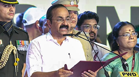 Newly sworn-in Kerala Chief Minister VD Satheesan during the swearing-in ceremony of the state government, in Thiruvananthapuram.