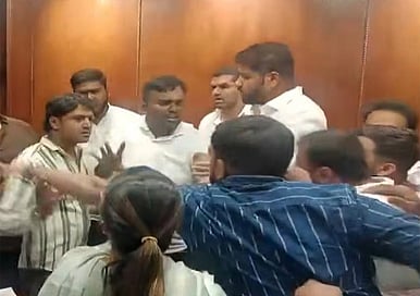 Youth Congress members clash at the KPCC office during a meeting regarding NEET protest. / Express