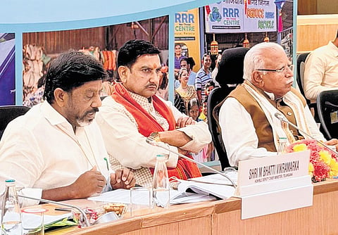 Deputy Chief Minister Mallu Bhatti Vikramarka speaks during the National Review Meeting on Swachh Bharat Mission-Urban 2.0 in New Delhi on Tuesday.