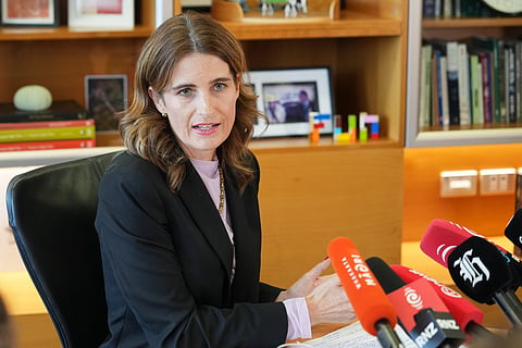 New Zealand Finance Minister, Nicola Willis, holds a press conference in her office at Parliament in Wellington, New Zealand, March 16, 2026.