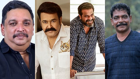 (L to R) Malaikottai Vaaliban producer Shibu Baby John, Mohanlal, Dileesh Pothan, Antony Perumbavoor