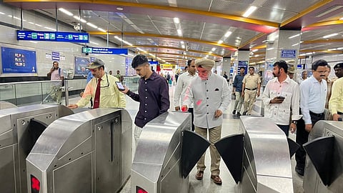 L-G Taranjit Singh Sandhu takes a metro ride to Central Delhi on Monday.