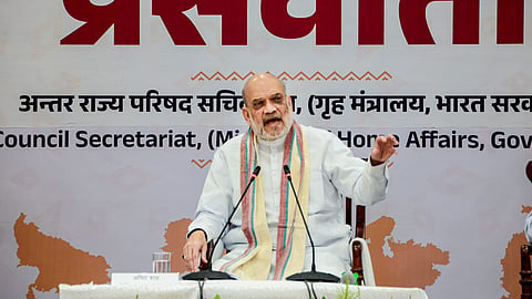 Union Home Minister Amit Shah addresses a press conference, in Jagdalpur, Bastar district, Chhattisgarh, Tuesday, May 19, 2026.