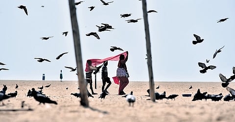 A woman and her children shield themselves from the sun using a dupatta on the Marina Beach on Wednesday.