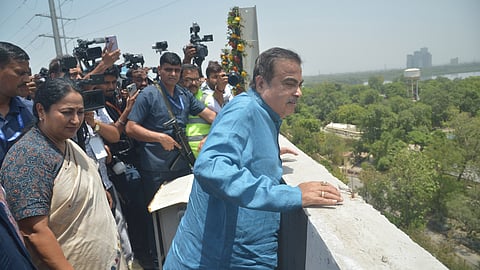 Nitin Gadkari along with Chief Minister of Haryana, Sh. Nayab Singh Saini and Chief Minister of NCT of Delhi, Rekha Gupta during inspection of the stretches of Six lane access controlled highway from DND Maharani Bagh to Junction with Jaitpur Pusta Road Section of NH-148 NA in NCT of Delhi.