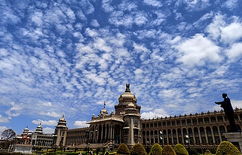 Cloud patches scattered over Vidhana Soudha and Vikasa Soudha in Bengaluru on Wednesday.