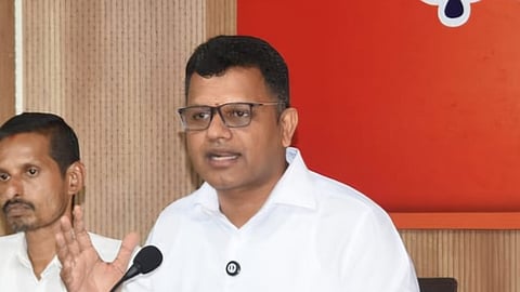 DK MP Capt. Brijesh Chowta talking to reporters in Mangaluru on Wednesday.