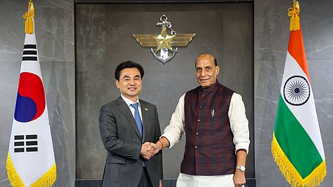 Defence Minister Rajnath Singh with South Korean Defence Minister Ahn Gyu-back during bilateral talks in Seoul on Wednesday.