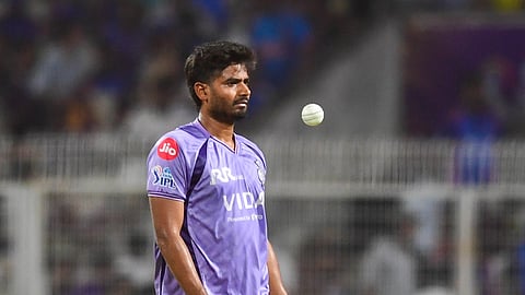 Kolkata Knight Riders' Anukul Roy during a warm-up session before the Indian Premier League 2026 match against Mumbai Indians at Eden Gardens in Kolkata on Wednesday, May 20, 2026.