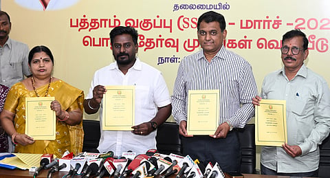 School Education minister Raj Mohan releases the 10th standard result at Anna centenary library in Kotturpuram on Wednesday.