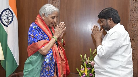 Telangana Deputy Chief Minister Mallu Bhatti Vikramarka calls on Union Finance Minister Nirmala Sitharaman at Finance Minister's Chamber in Kartavya Bhavan.