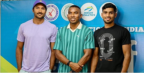 (From L) Decathlete Tejaswin Shankar, sprinter Animesh Kujur & 400m athlete Jay Kumar