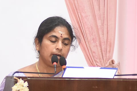 C Vijayalakshmi, who emerged victorious from Kumarapalayam Assembly constituency, has been appointed Minister for Milk and Dairy Development.