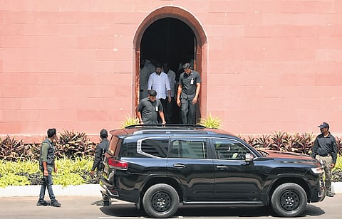 Chief Minister A Revanth Reddy leaves the Secretariat after addressing a press conference on Thursday.