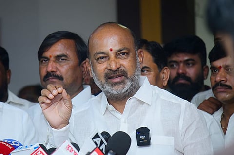 Union Minister for Home affairs for state Bandi Sanjay addressing media during a press conference at BJP State office in Hyderabad on Wednesday.