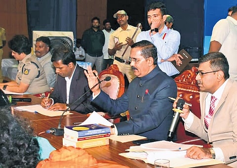 Upalokayukta B Veerappa chairs a meeting in Mandya on Thursday