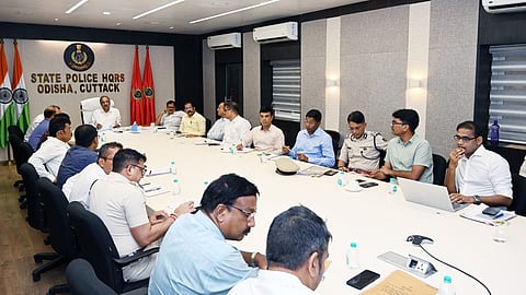Odisha DGP YB Khurania chairing the meeting with senior police officers on Thursday.