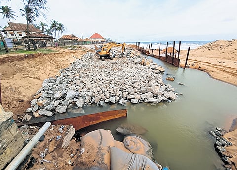 Heavy machinery engaged in coastal protection and renovation work at Shankhumukham beach on Friday as severe sea erosion continues to batter the coastline ahead of the monsoon season