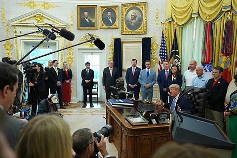 US President Donald Trump speaks during an event about loosening a federal refrigerant rule, in the Oval Office at the White House, Thursday, May 21, 2026, in Washington.