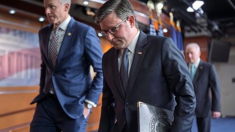 Speaker of the House Mike Johnson, R-La., and House GOP leaders departs a news conference after primary elections that affirmed President Donald Trump's dominance of the Republican Party, at the Capitol in Washington, Wednesday, May 20, 2026.