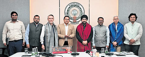 Senior officials of AP with the UK delegation led by Chaz Walia and Gareth Wynn Owen during a meeting chaired by MA&UD Principal Secretary S Suresh Kumar on strategic partnership on Thursday