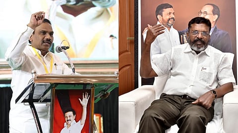 DMK deputy general secretary A Raja, VCK chief Thirumavalavan.