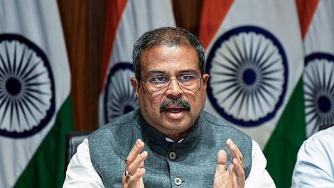 Union Minister of Education Dharmendra Pradhan addresses a press conference at his residence in New Delhi, May 15, 2026.