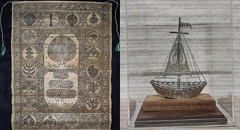 A traditional palm leaf Pattachitra (L) and a sailboat crafted in intricate silver filigree (Tarakasi) work.