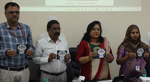 A Sridevasena, Commissioner of Collegiate Education, releases the POLYCET 2026 Results along with other officials at SV Bhavan in Hyderabad.