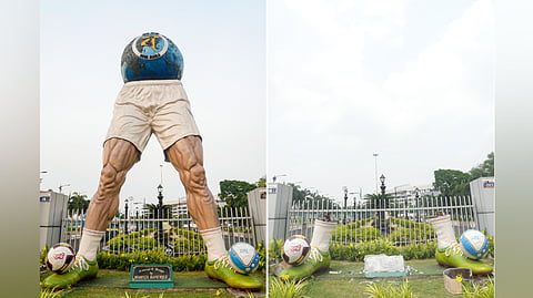 (L) The controversial football-themed sculpture outside the Salt Lake Stadium, designed by former chief minister Mamata Banerjee. (R) The sculpture was removed by the West Bengal government in Kolkata, West Bengal, on Saturday, May 23, 2026.