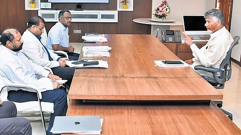 Chief Minister Nara Chandrababu Naidu addressing a review meeting on high temperatures in the State, at the Secretariat in Velagapudi on Friday