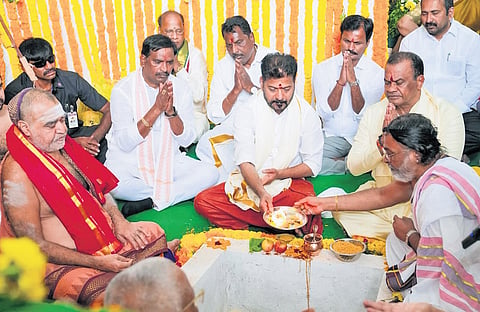 Chief Minister A Revanth Reddy during bhumi puja in Yadadri Bhuvanagiri on May 23, 2026.